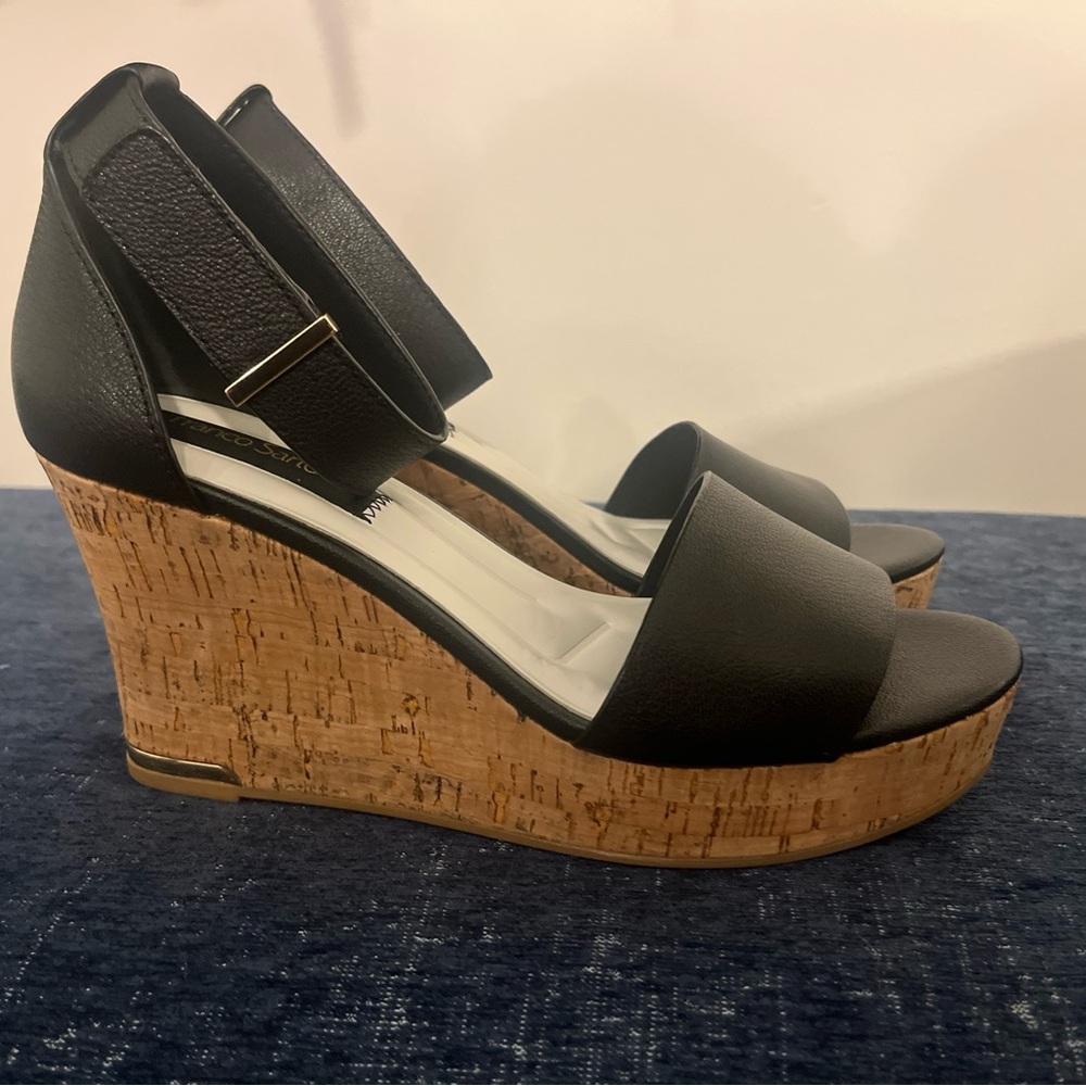 Franco Sarto 3.75in Women’s Black Leather Wedge Platform Sandals 8.5